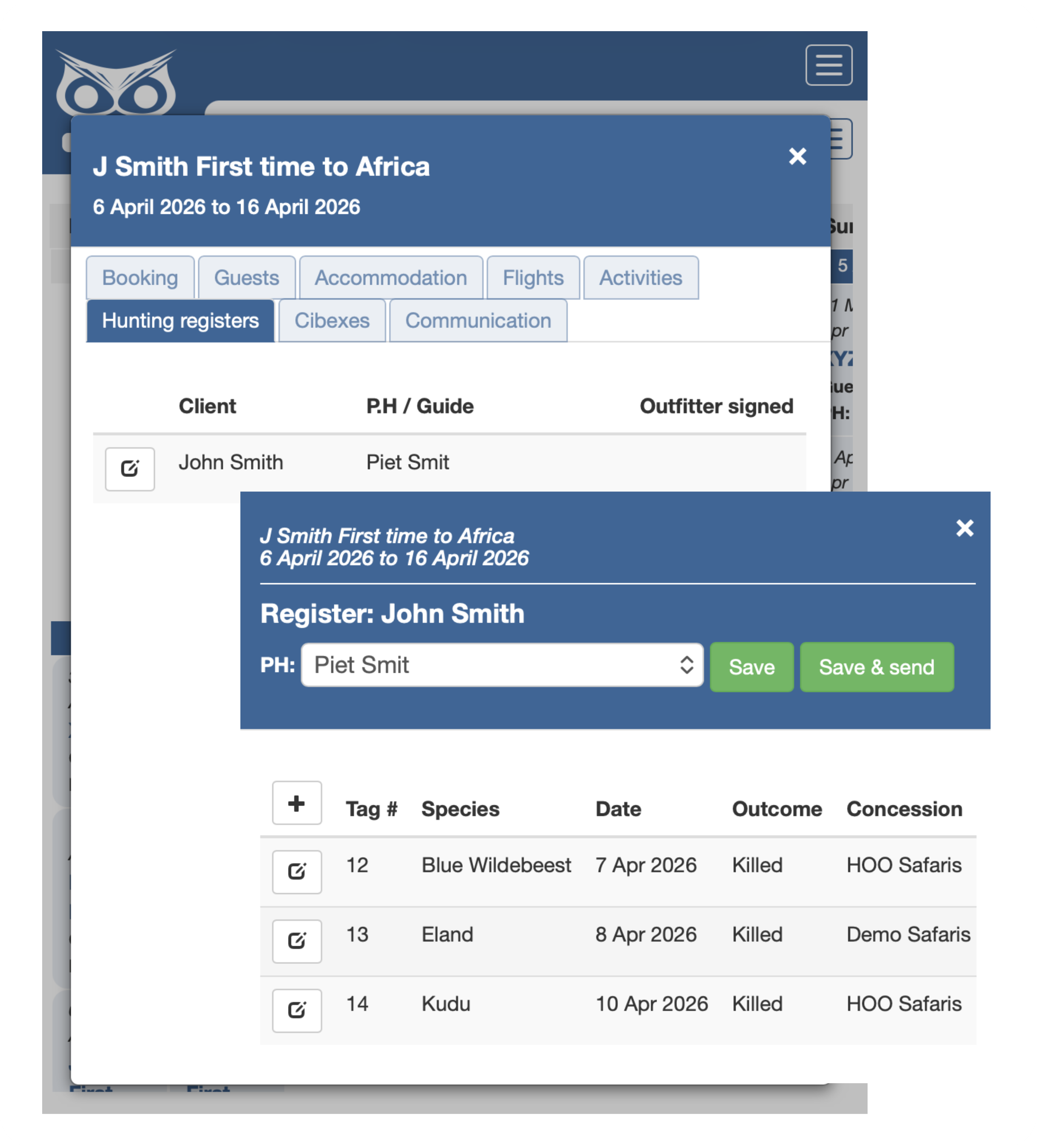 HOO booking pack — hunting register